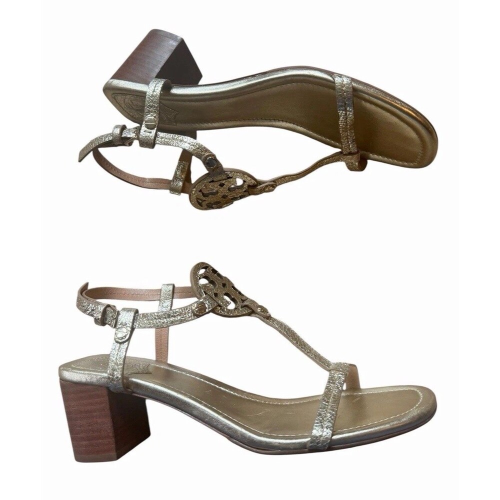 Tory Burch Gold Metallic T-Strap Wood Block Heel Sandals Logo Leather 8 Designer